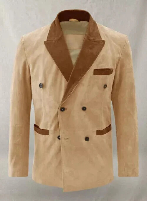 Beige double-breasted blazer with brown contrast lapels, pocket accents, and long sleeves