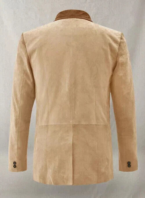 Men Beige Premium Original Suede Leather Double-Breasted Blazer