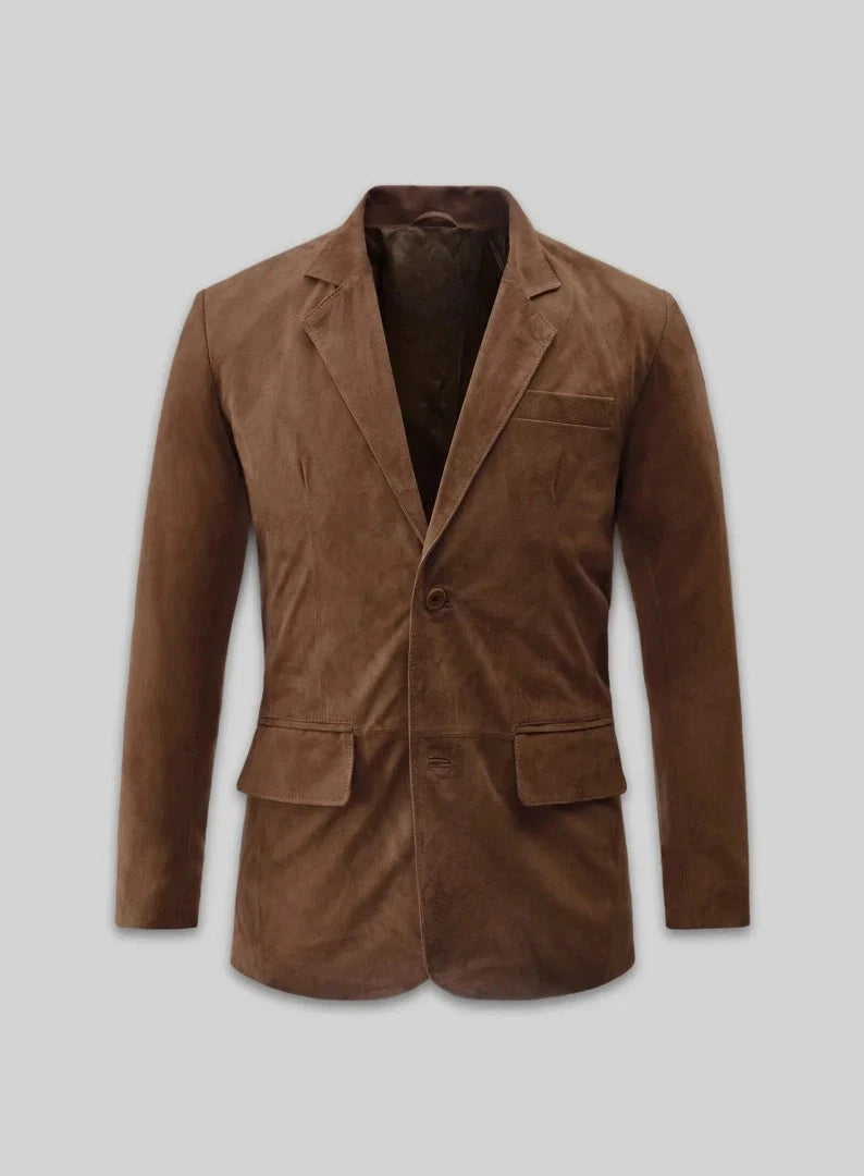 Front view of a warm brown tailored blazer with notched lapel and front flap pockets