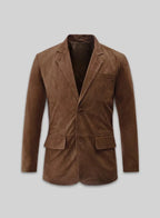 Front view of a warm brown tailored blazer with notched lapel and front flap pockets