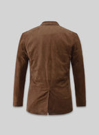Back view of a warm brown tailored blazer with clean tailored finish