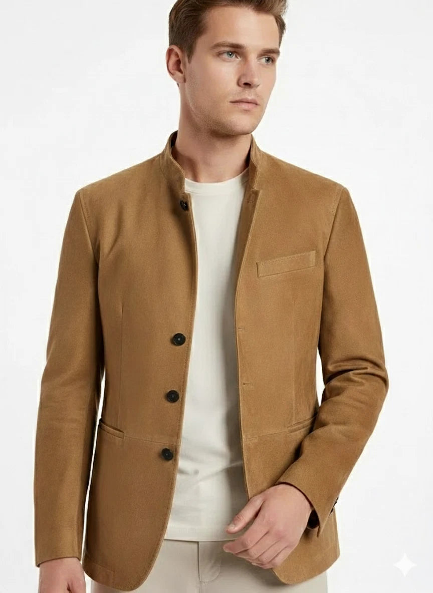 Back view of a tan tailored jacket with clean tailored finish