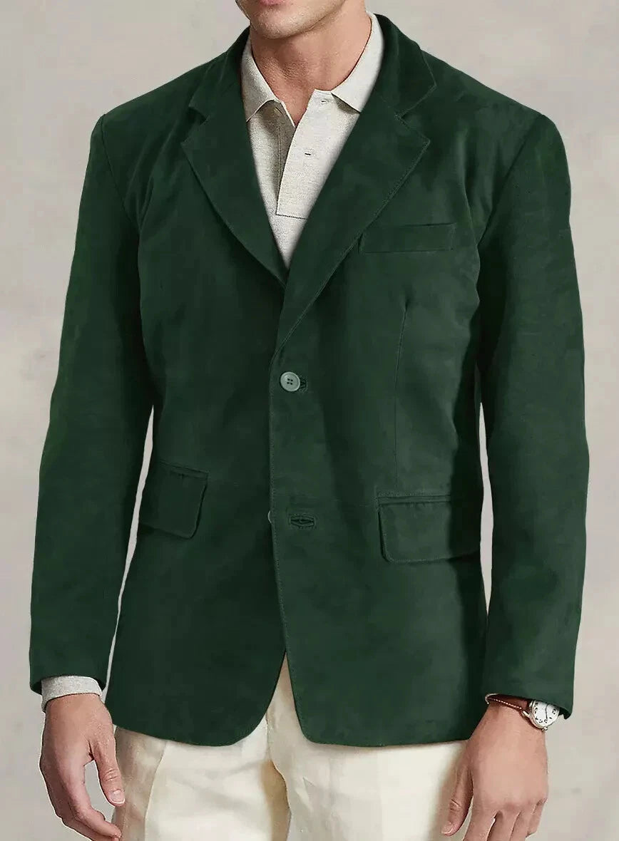 Front view of a dark green tailored blazer with notch lapels, two-button closure, and front flap pockets
