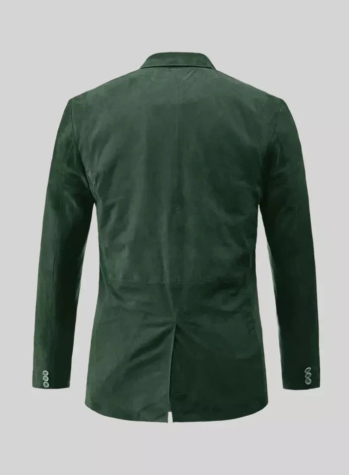 Back view of a dark green tailored blazer with a clean tailored finish