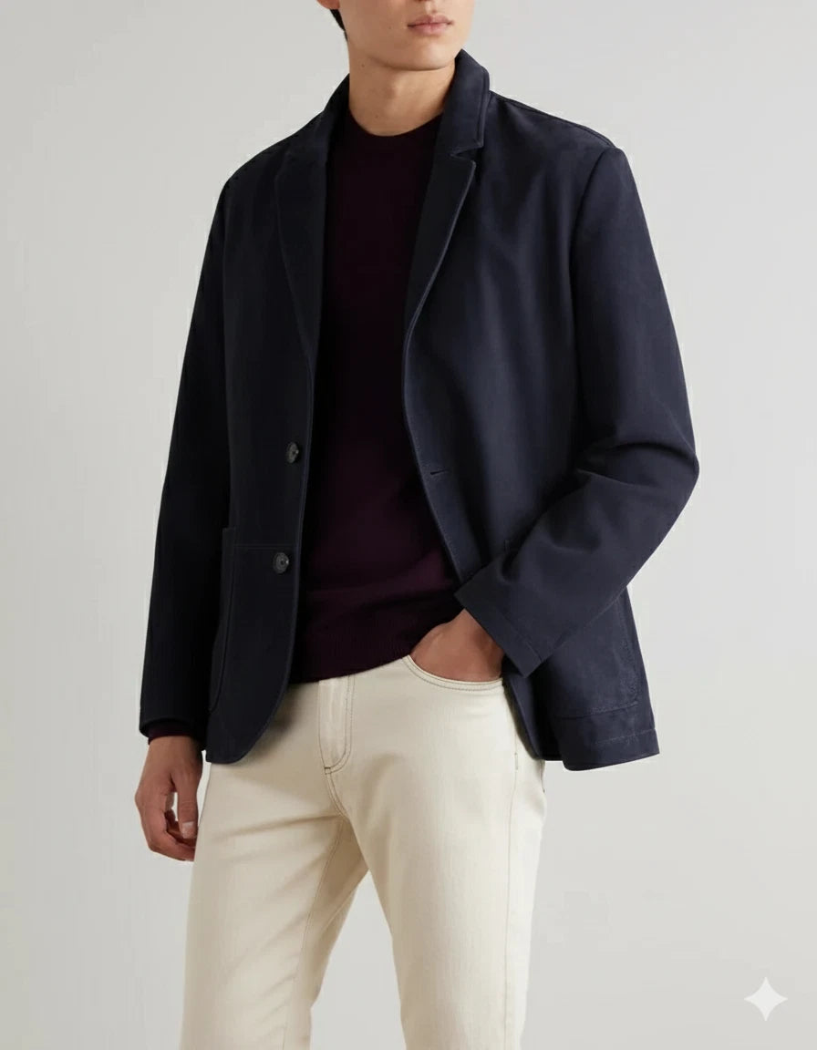 Back view of a navy blue casual tailored blazer with streamlined finish