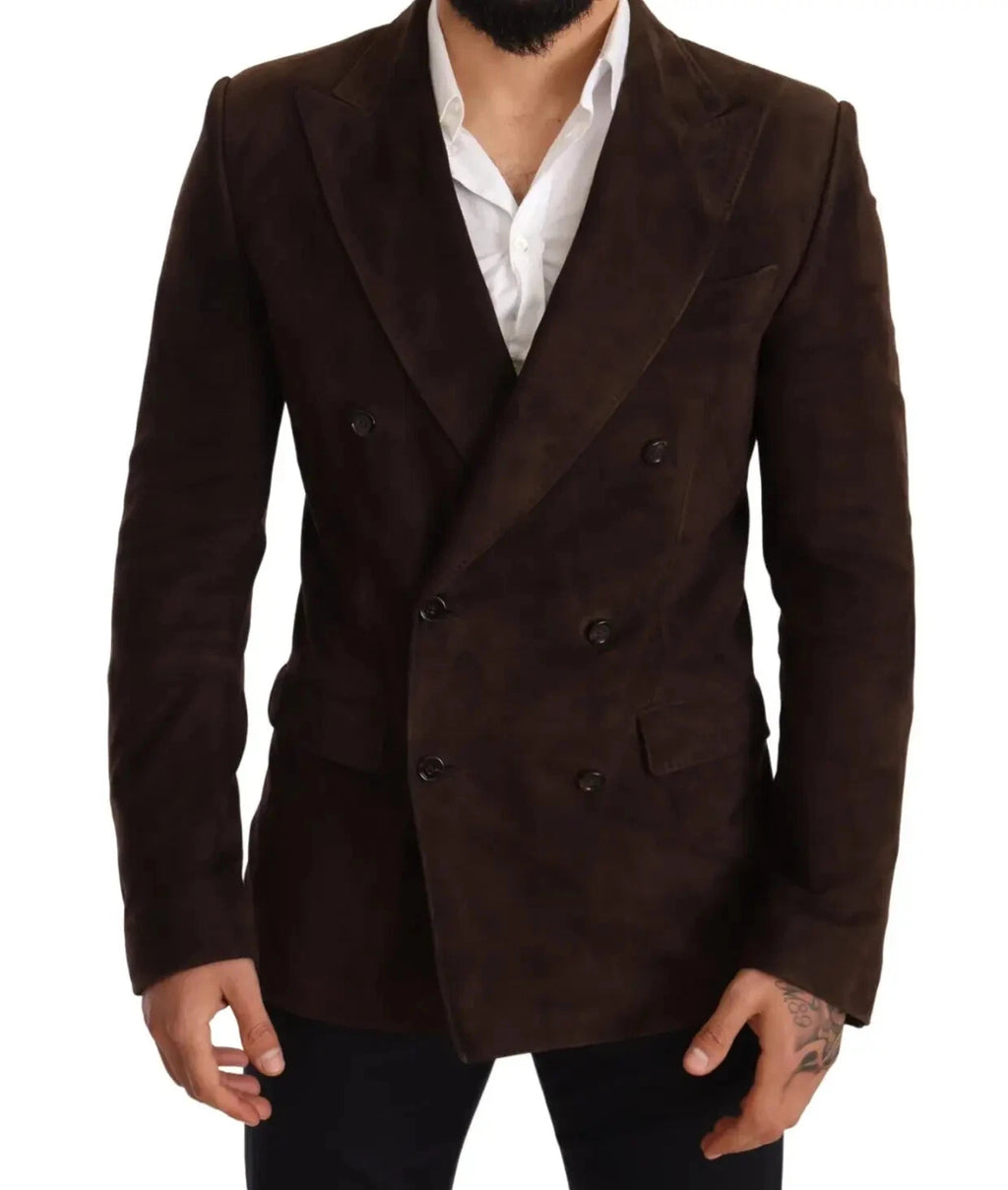 Front view of a dark brown double-breasted blazer with broad peak lapels and structured shoulders
