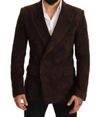 Front view of a dark brown double-breasted blazer with broad peak lapels and structured shoulders