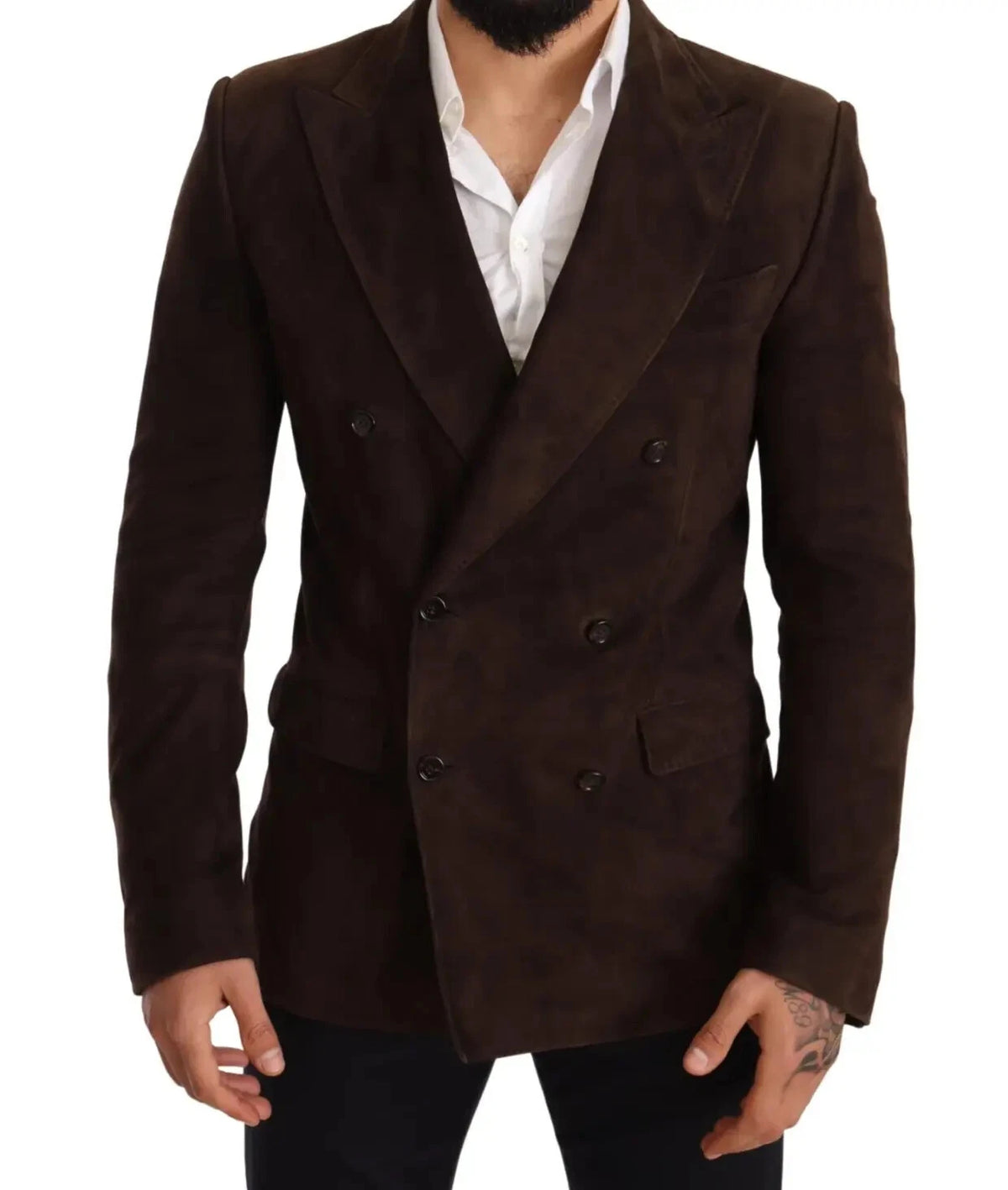 Front view of a dark brown double-breasted blazer with broad peak lapels and structured shoulders