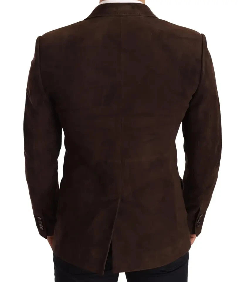Back view of a dark brown double-breasted blazer with a clean tailored finish