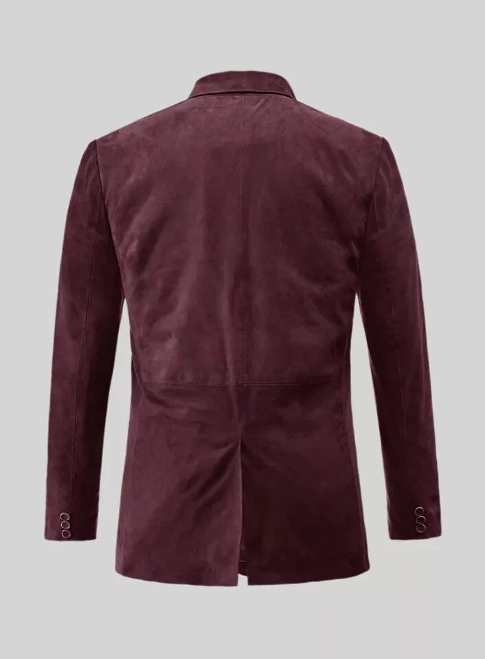 Front view of a burgundy tailored blazer with notched lapels, single-button closure, and flap pockets