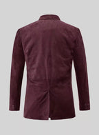 Front view of a burgundy tailored blazer with notched lapels, single-button closure, and flap pockets