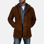 Front view of a brown hooded field jacket with zip-and-button closure and spacious pockets
