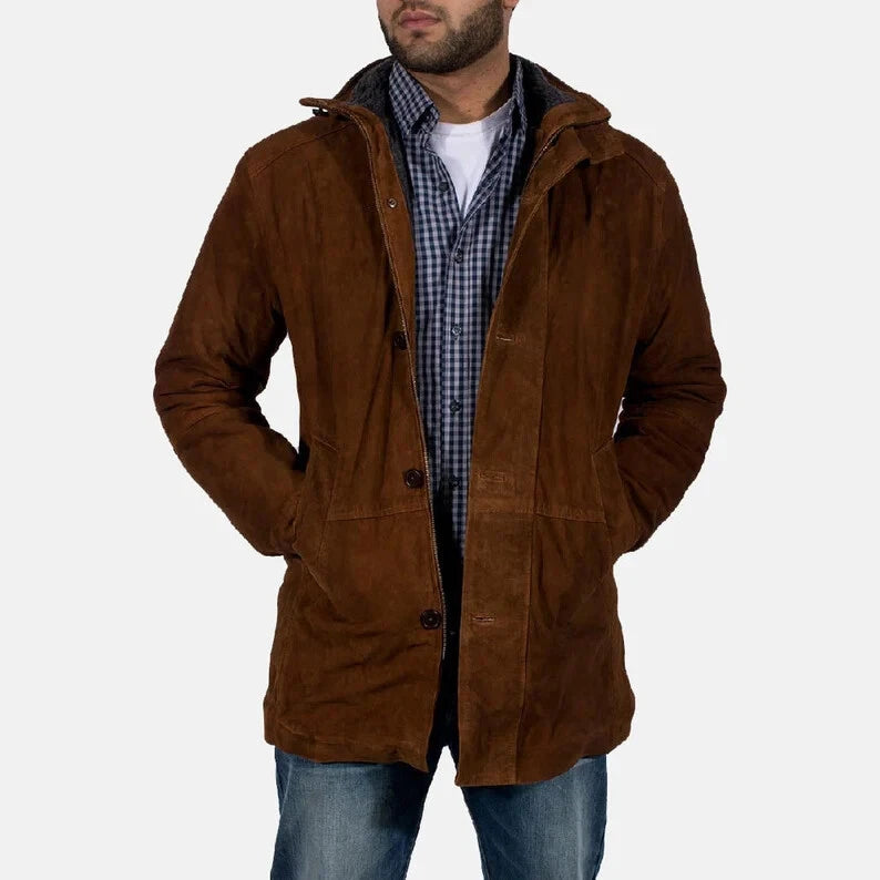 Front view of a brown hooded field jacket with zip-and-button closure and spacious pockets