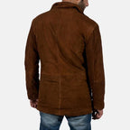 Back view of a brown hooded field jacket with structured panel finish