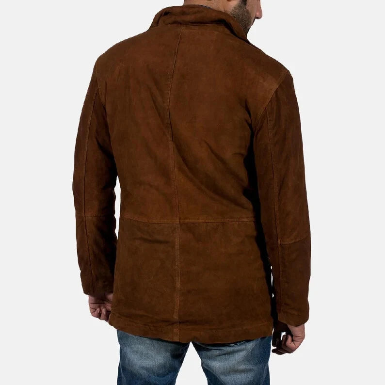 Back view of a brown hooded field jacket with structured panel finish