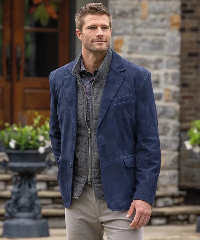 Navy blue casual sport coat with notch lapels, two-button closure, chest welt pocket, and front flap pockets