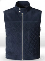Men's suede leather quilted waistcoat with stand collar and front zip