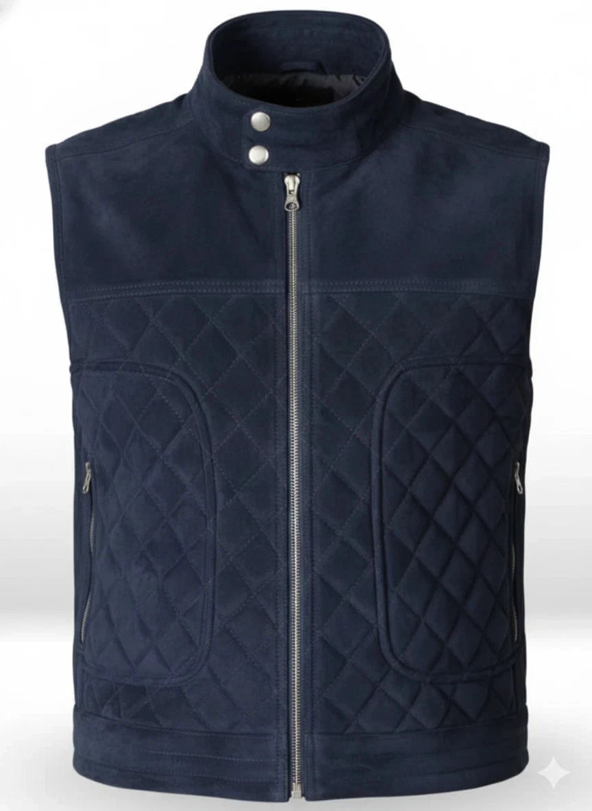 Men's suede leather quilted waistcoat with stand collar and front zip