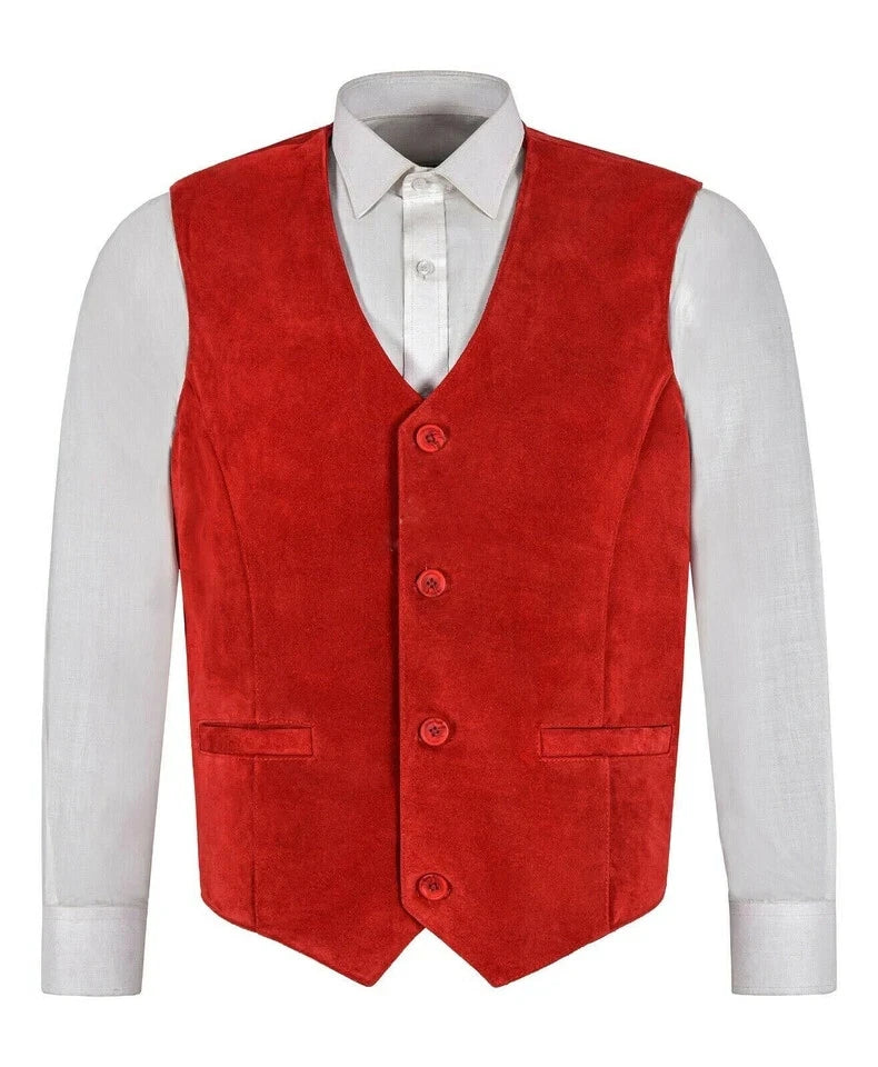 Front view of men's red suede leather waistcoat with four-button closure