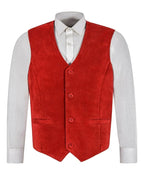 Front view of men's red suede leather waistcoat with four-button closure