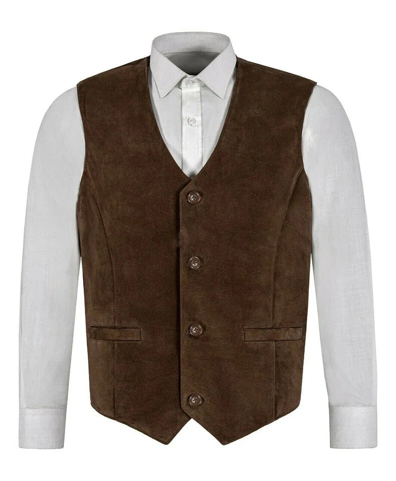 Back view of men's dark brown suede leather waistcoat with adjustable buckle strap
