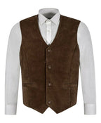 Back view of men's dark brown suede leather waistcoat with adjustable buckle strap