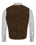 Front view of men's dark brown suede leather waistcoat with four-button closure