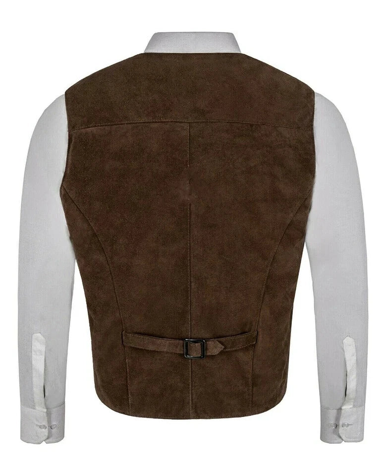 Front view of men's dark brown suede leather waistcoat with four-button closure