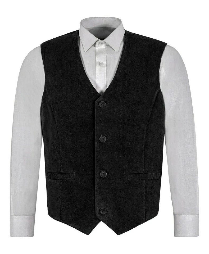 Back view of men's black suede leather waistcoat with adjustable buckle strap