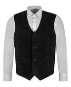 Back view of men's black suede leather waistcoat with adjustable buckle strap