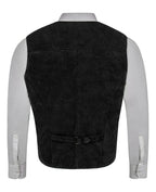 Front view of men's black suede leather waistcoat with four-button closure