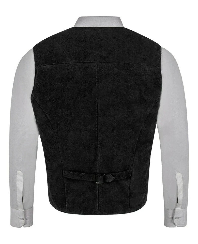 Front view of men's black suede leather waistcoat with four-button closure