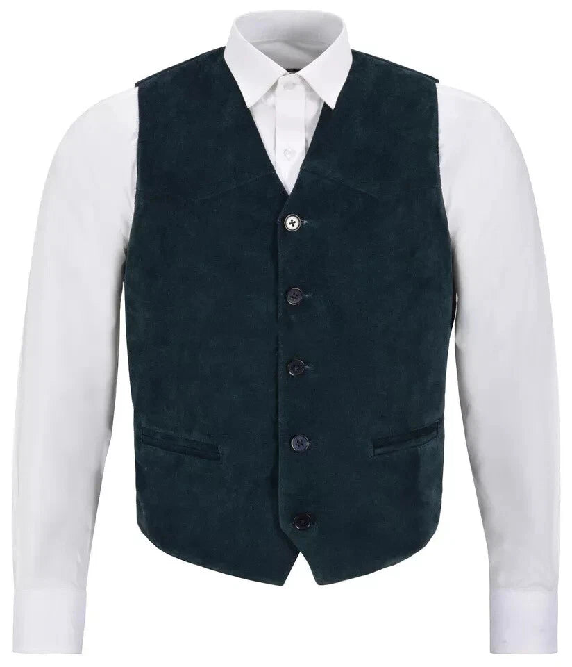 Front view of men's navy blue suede leather waistcoat with five-button closure