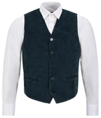 Front view of men's navy blue suede leather waistcoat with five-button closure