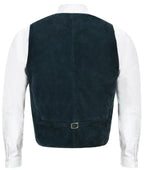 Back view of men's navy blue suede leather waistcoat with adjustable buckle strap