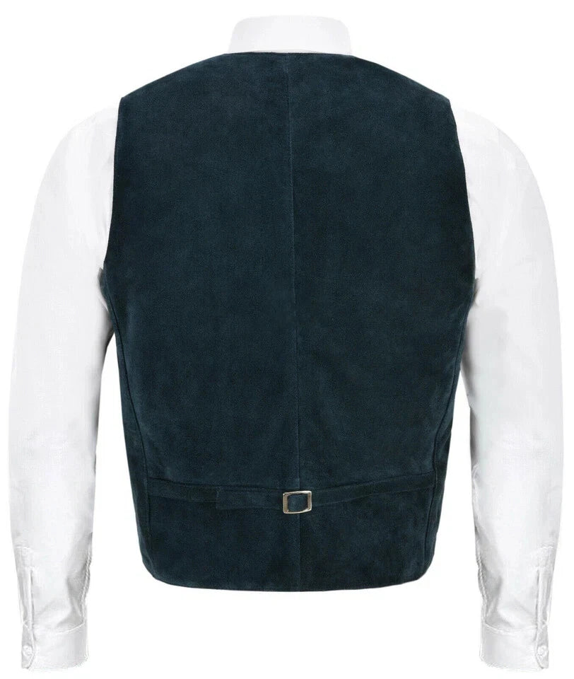 Back view of men's navy blue suede leather waistcoat with adjustable buckle strap