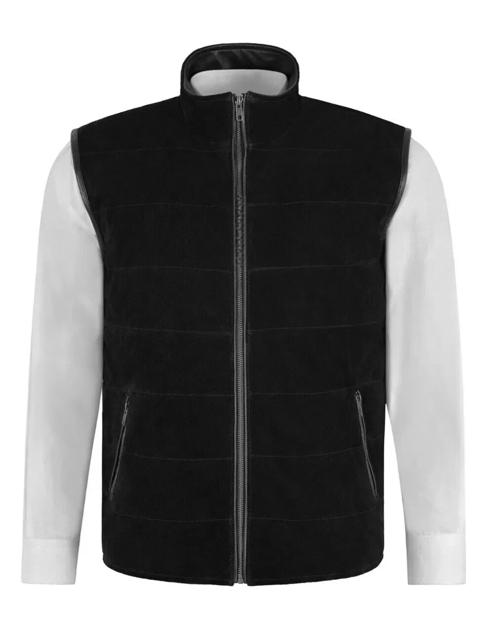 Front view of a black zip-front layering vest with a stand collar and two zip pockets