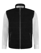 Front view of a black zip-front layering vest with a stand collar and two zip pockets