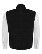 Back view of a black zip-front layering vest with a stand collar