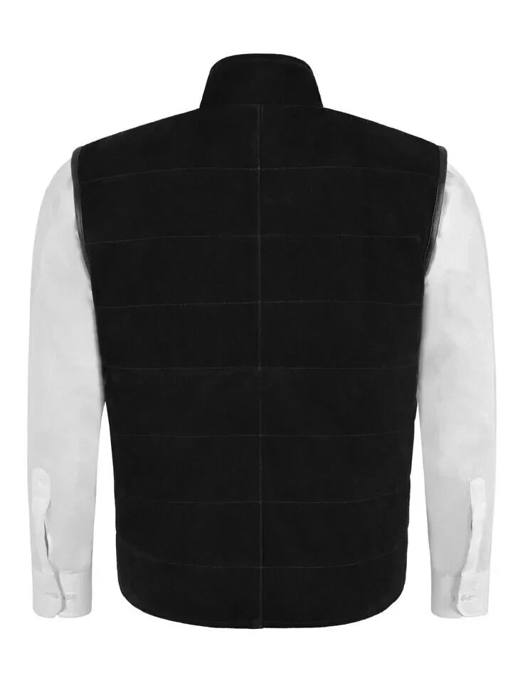 Back view of a black zip-front layering vest with a stand collar