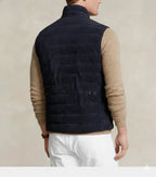 Back view of a navy quilted zip-front vest with a stand collar