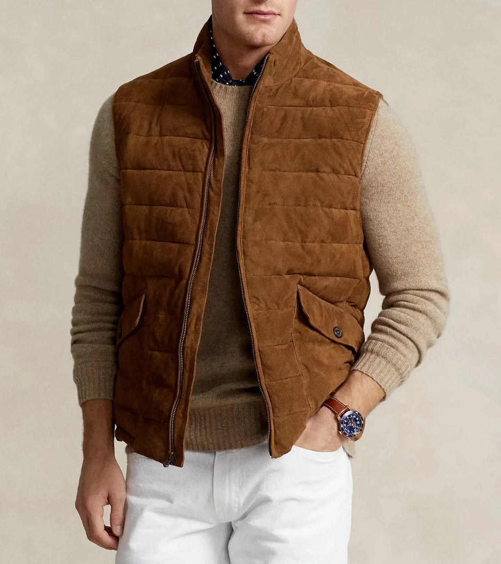 Man wearing a brown quilted suede leather vest with a stand-up collar and flap pockets