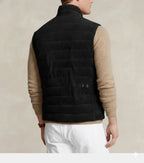 Back view of a black quilted suede leather vest with button tab detail