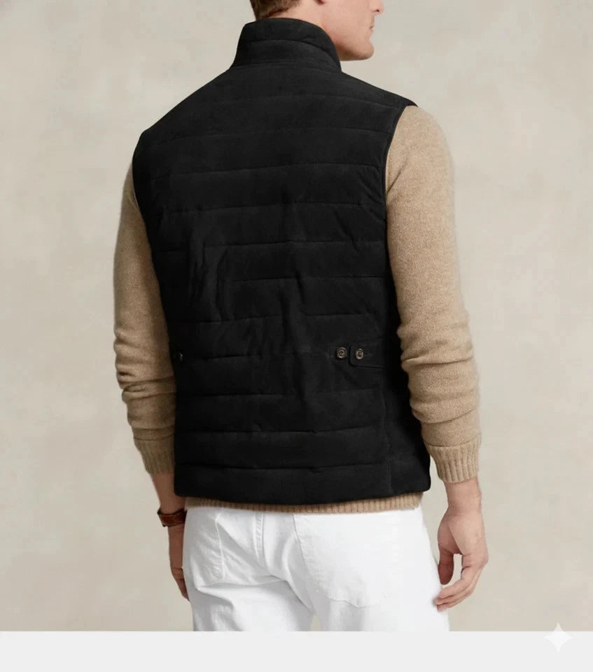 Back view of a black quilted suede leather vest with button tab detail