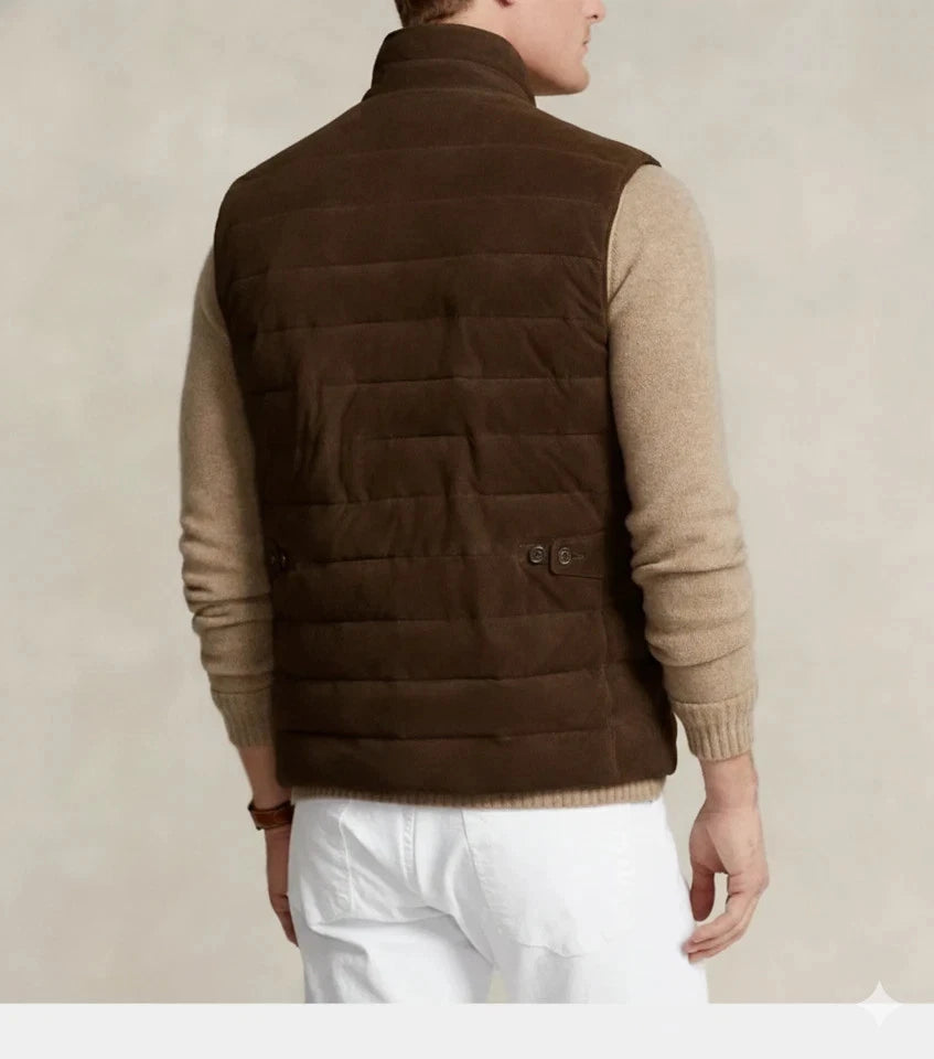 Back view of a dark brown quilted suede leather vest with button tab detail