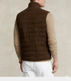 Back view of a dark brown quilted suede leather vest with button tab detail