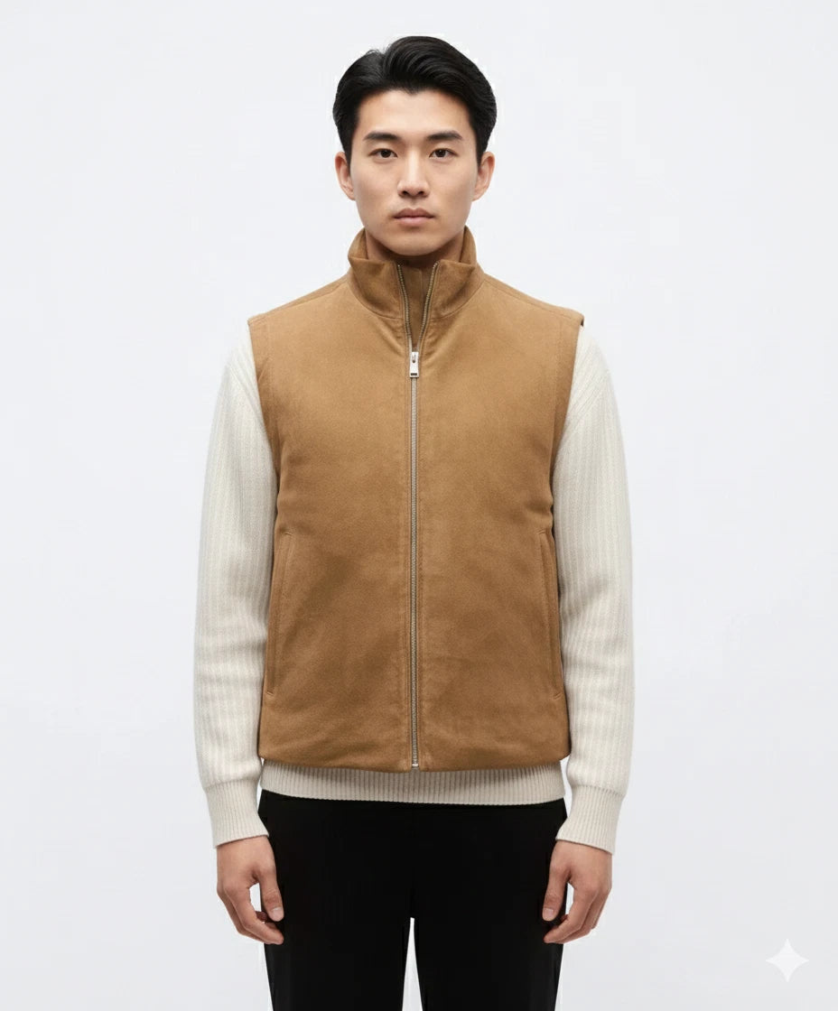 Man wearing a camel suede leather vest with stand-up collar and full zip, front view