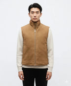 Man wearing a camel suede leather vest with stand-up collar and full zip, front view