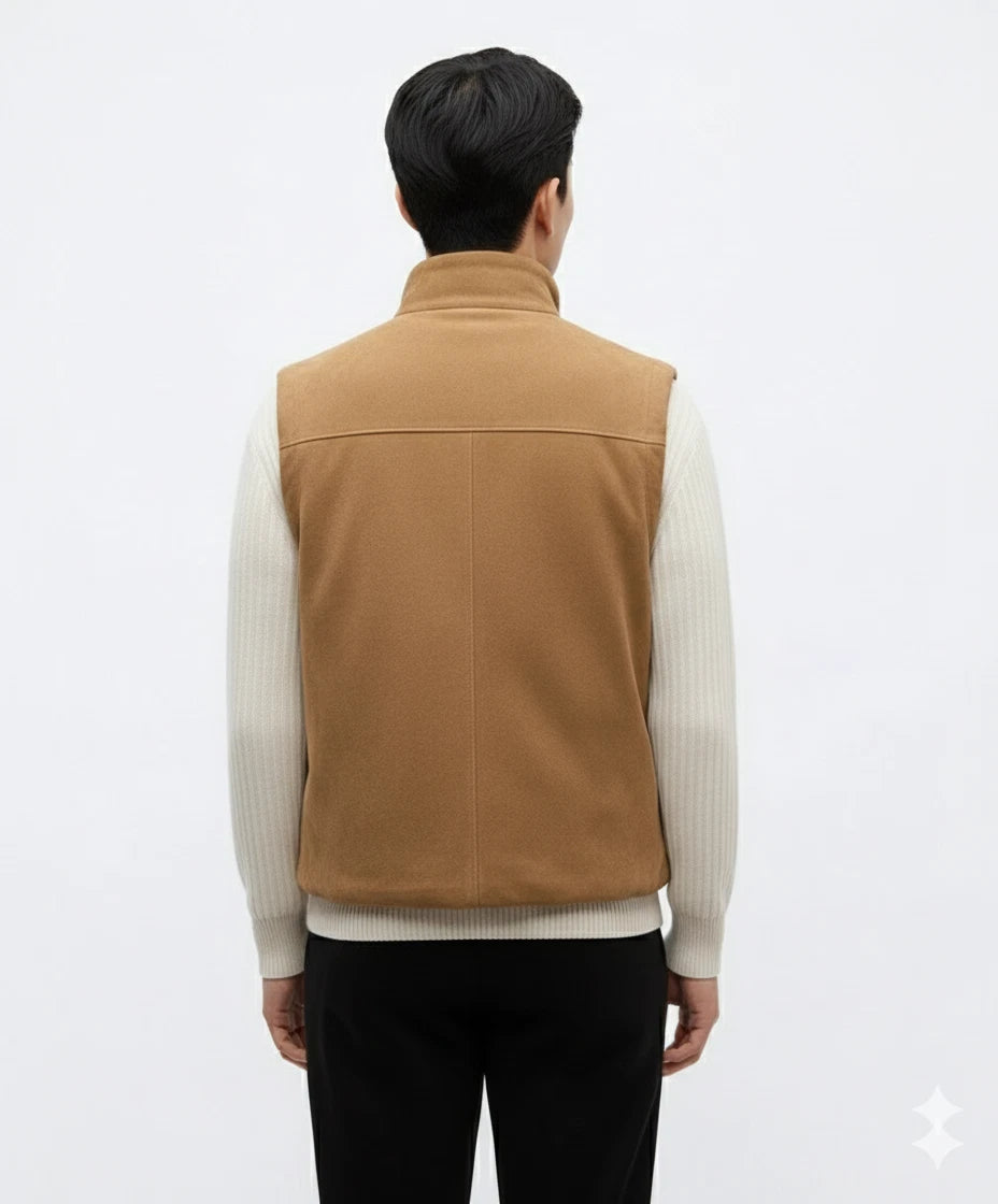 Back view of a camel suede leather vest with yoke seam