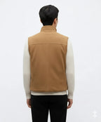 Back view of a camel suede leather vest with yoke seam